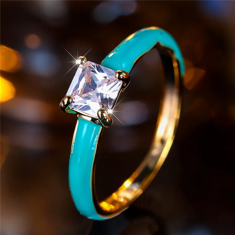 Luxury Female White Zircon Stone Ring Trendy Yellow Gold Color Engagement Cute Bride Wedding Jewelry Gift For Women