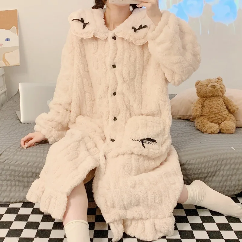 Fleece Nightgown Bow Sleepwear Womens Button Night Dress One Piece Pajamas Korean Style Winter Pocket Knee Length Home Wear