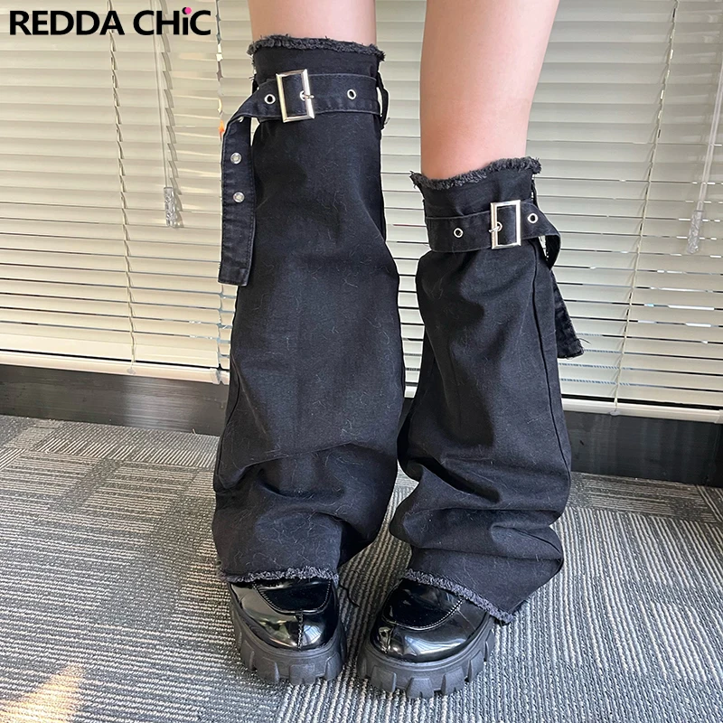 

REDDACHiC Women Gaiter Leg Warmers Plain Black Denim Raw Edge Boots Cover Thigh Long Socks Leggings Y2k Acubi Fashion Streetwear