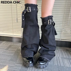 REDDACHiC-Calentadores de piernas de mezclilla para mujer, botas de borde crudo, medias largas hasta el muslo, Leggings Y2k Acubi, ropa de calle de moda, color negro liso