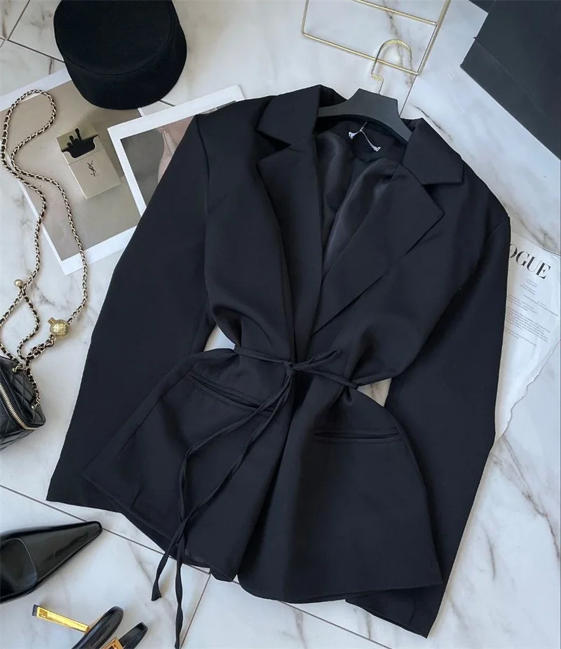 Autumn Black Women Suit 1 Piece Blazer With Belt Formal Office Lady Jacket Wedding Guest Robes Winter Party Evening Bridal Coat