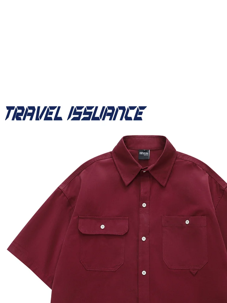 Travel Issuance Unisex Loose Fit  Color Short Sleeve Shirt American Retro Dual Pocket Breathable Cotton Summer Casual Shirt