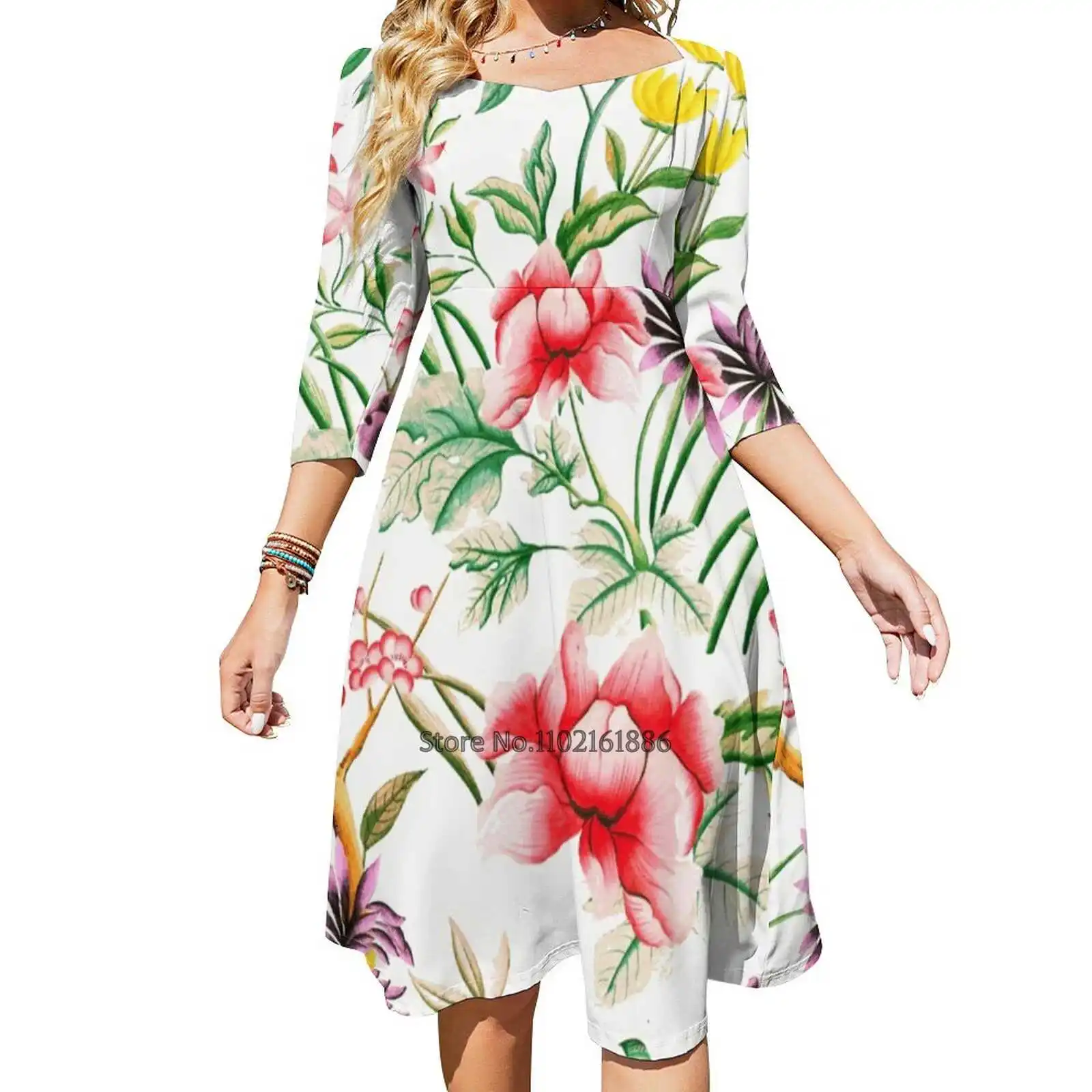 

Colorful Spring Garden Flowers Pattern Back Lacing Backless Dress Square Neck Dress Fashion Design Large Size Loose Dress