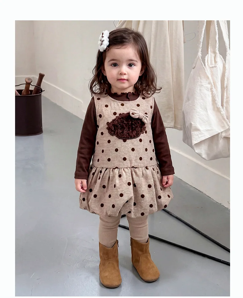 Childrens Wear Girls Dress Set Fall Baby Girl Undershirt Polka Dot Puppy Vest Dress Two Piece Set Stylish Fall