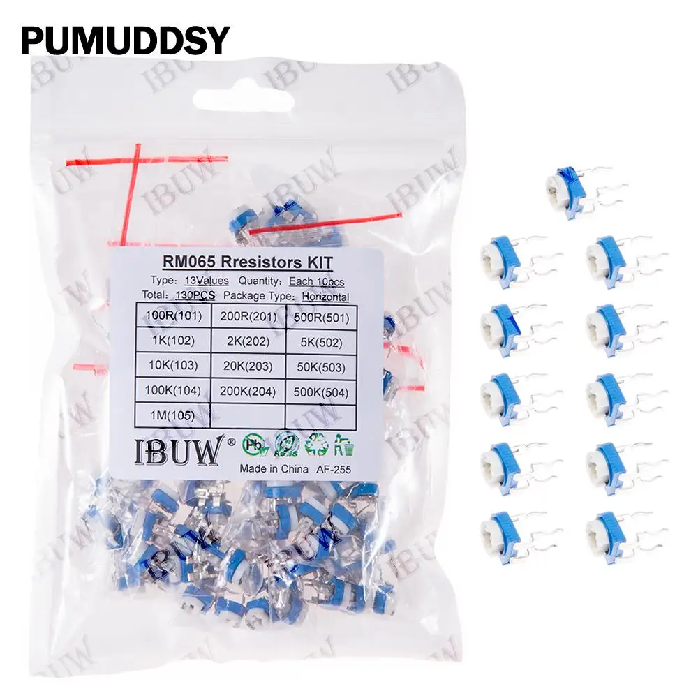 

Набор резисторов RM065, 130 шт., 13 значений (100R-1MΩ), горизонтальные, для сборки электронных схем, 100R, 500K, 200K, 100K, 10K, 20K, 50K