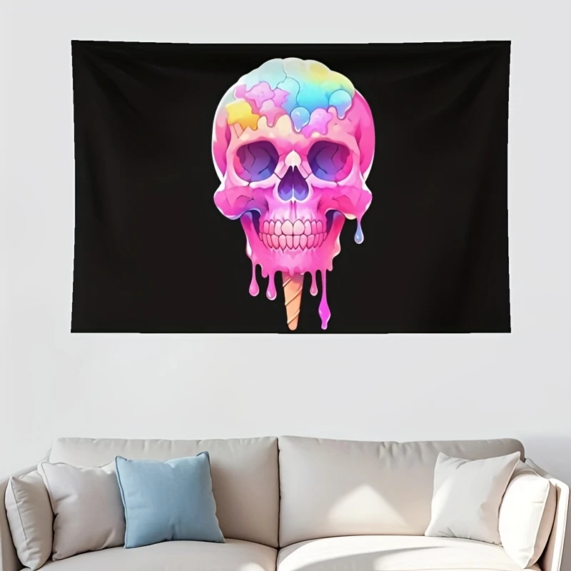 

VIKAMA Trendy Ice Cream Skull Tapestry Pink-Toned Melting Drip Design Unique Bedroom Decor for Musicians & Trend-Setting Rooms