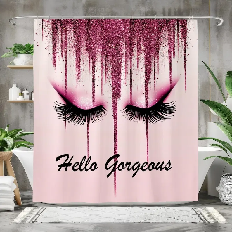 Hello Gorgeous Shower Curtain, Pink Glitter Waterproof Fabric Curtain, Glam Eyelashes Bathroom Decor, Makeup-Themed Bath Curtain
