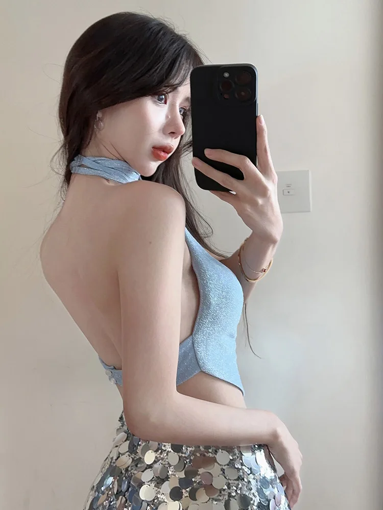 Hot girl sexy backless hanging neck shiny silk strapless vest summer slim fit sleeveless vest irregular top vest