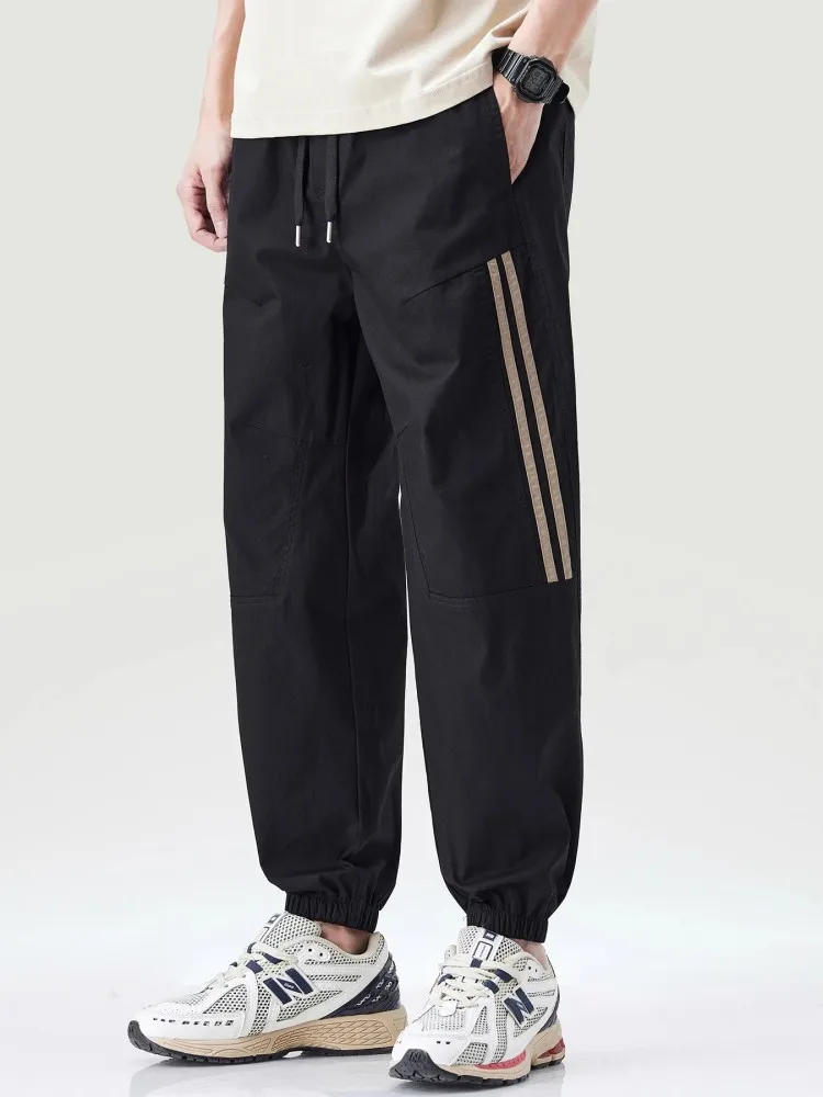 Pantalones informales para hombre, novedad de verano, pantalones holgados hasta el tobillo con cordón, moda de venta al por menor de Hip Hop, pantalones de chándal Cargo a rayas