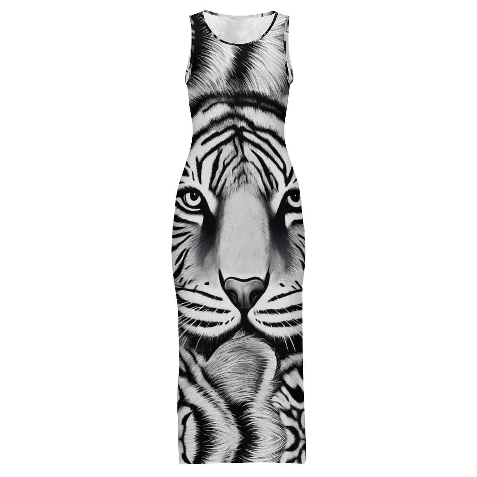 สีดําและสีขาวเสือชุดแขนกุด Retro สัตว์แฟชั่น Maxi ชุดคลับเซ็กซี่ชุดเข้ารูปหญิงพิมพ์ขนาดใหญ่ Vestido