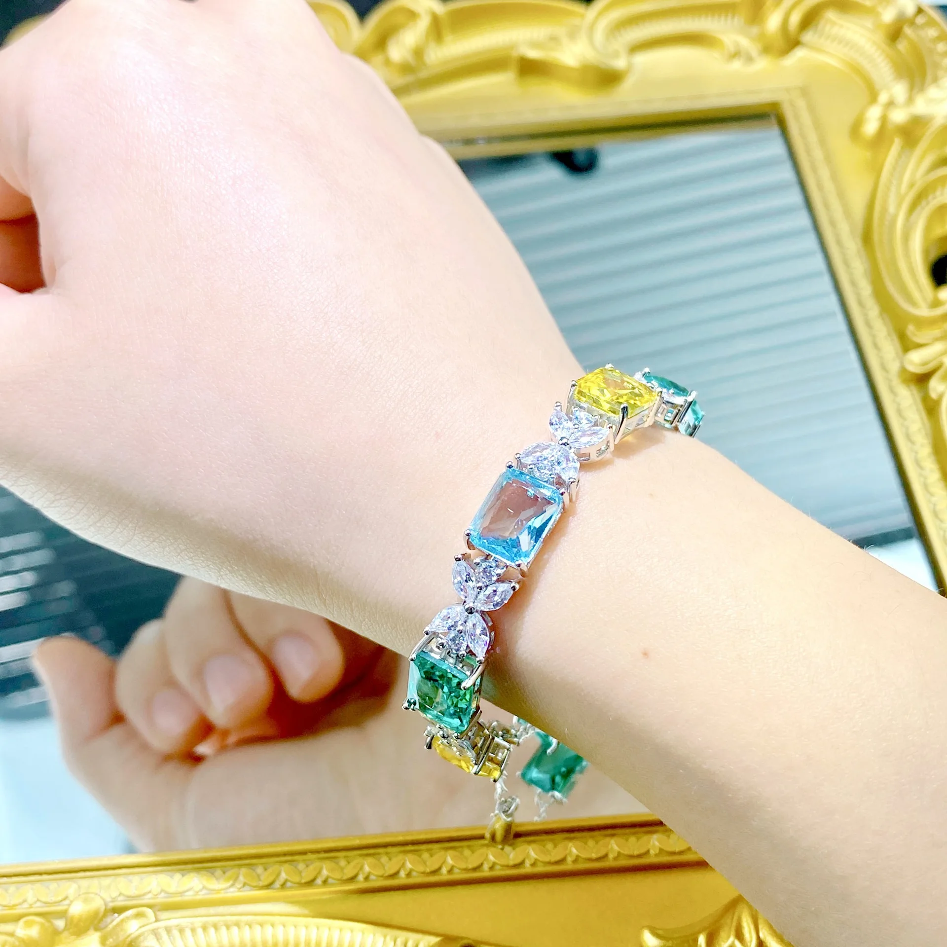 Rainbow Candy Color Tourmaline Bracelet Light Luxury Sugar Cube Aquamarine Yellow Diamond Paraiba Inlaid Color Treasure Bracelet