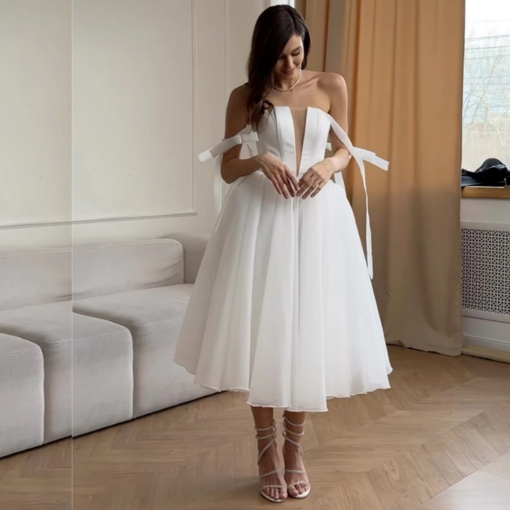 

Jersey Draped Bow Wedding Party Ball Gown Off-the-shoulder Bespoke Occasion Midi Dresses