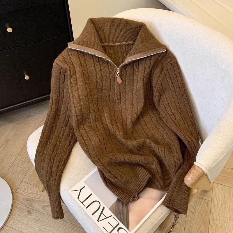 Otoño señoras suéter de manga larga chaqueta coreana mujer jersey de punto Jumper 2025 mujeres moda media cremallera Tops de punto