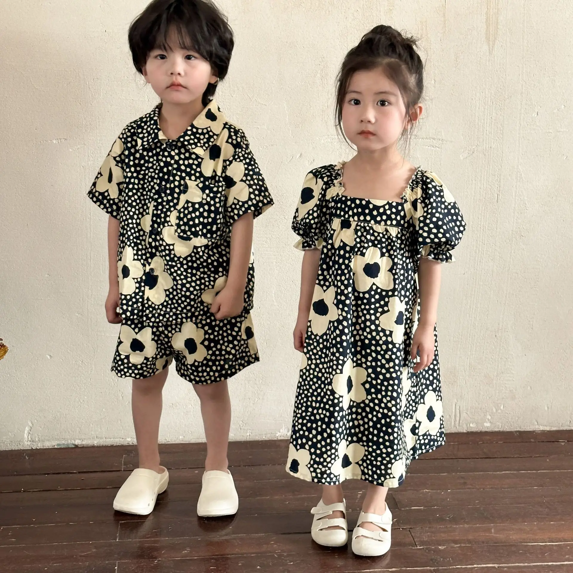 Brother Sister Clothes 2024 Summer New Girls Dresses Flower Print Shirts+Shorts 2Pcs Children Clothes Sets Holiday Boys Outfits