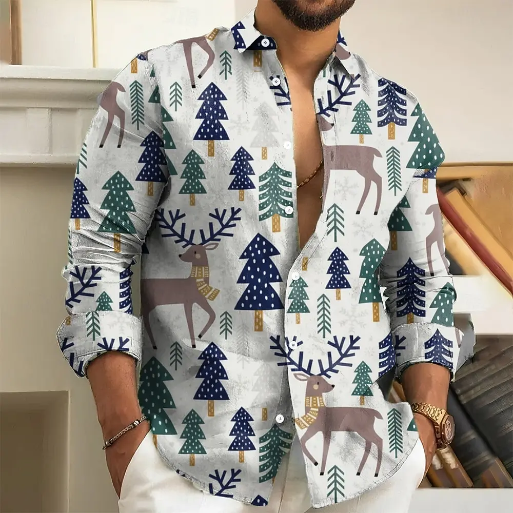 Christmas Men's Tree Reindeer Snowflake Shirt Button Up Shirt Long Sleeve Retro Casual Daily Turndown 3D Print Collared Shirts