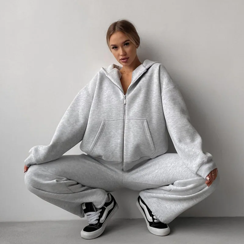 

свободные брюки, женский спортивный женский костюм из двух предметов, повседневная толстовка с капюшоном, брюки, женская спортивная одежда с курткой на молнии с капюшоном