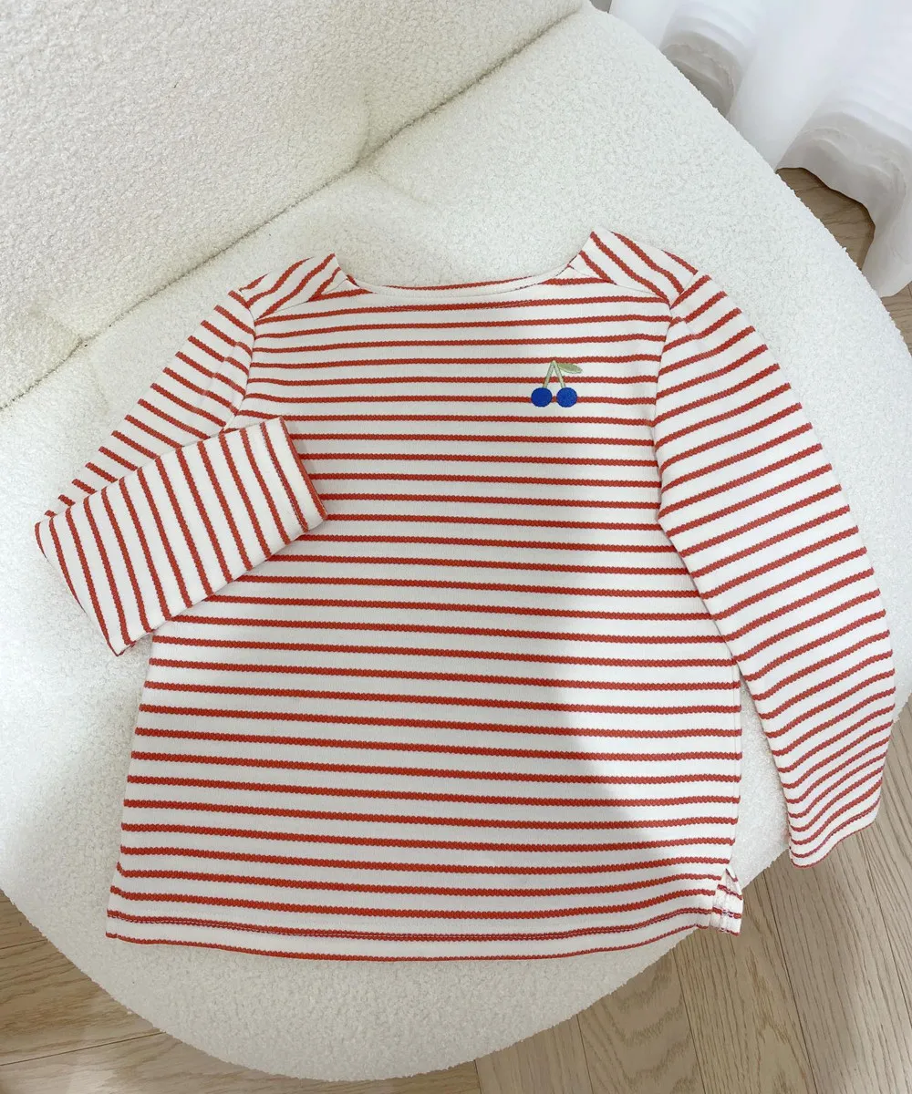 

Girls' spring T-shirt baby tops French-style casual striped pattern Cute cherry pattern embroidered top