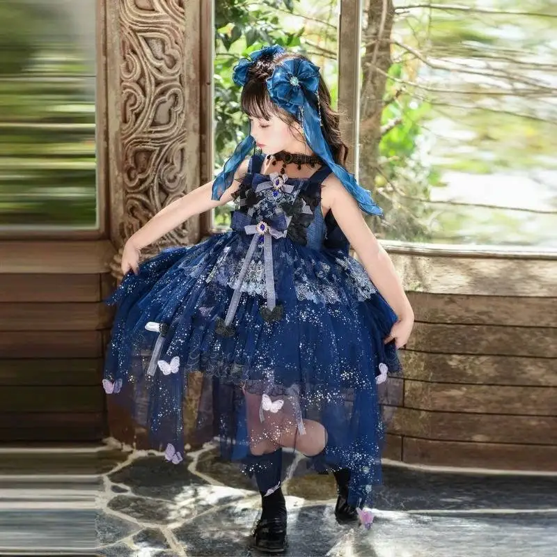 Dunkelblaues Lolita-Kleid für Mädchen, Kinder-Schmetterlings-Schlepprock, ärmelloses, voluminöses Ballkleid für Geburtstagsfeiern und Halloween-Kostüme – Detail 6