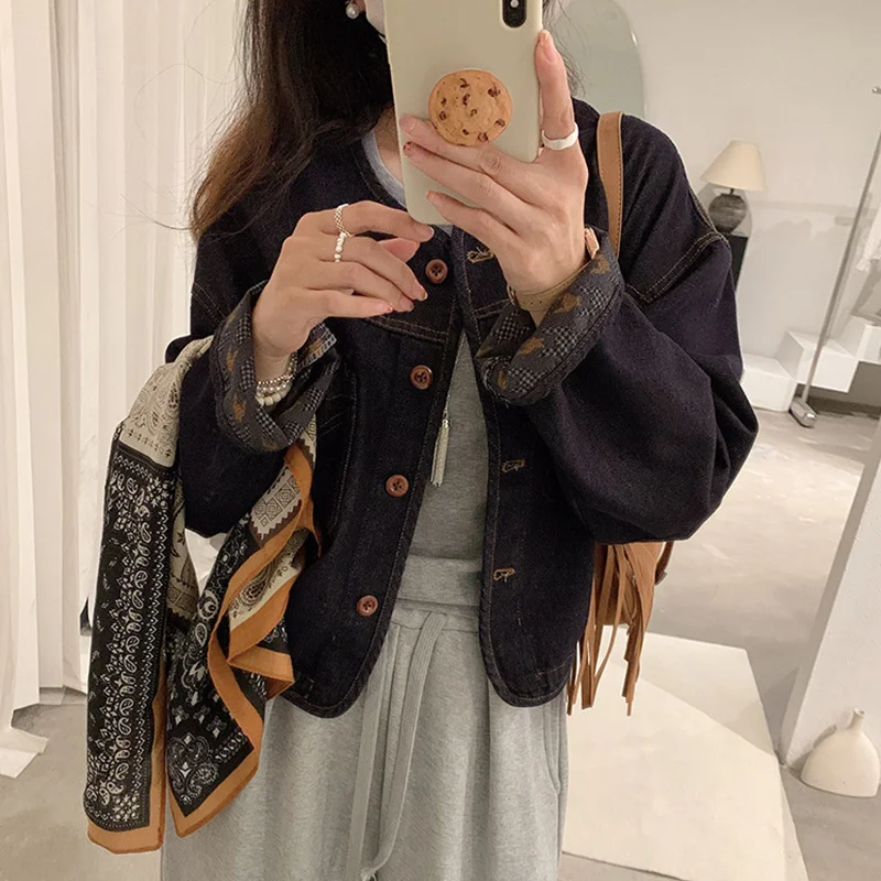 Envío de bufandas retro de un solo pecho, chaqueta vaquera con cuello redondo para mujer, otoño, primavera, nuevo modelo, tops de ocio, chaqueta Bomber Vintage