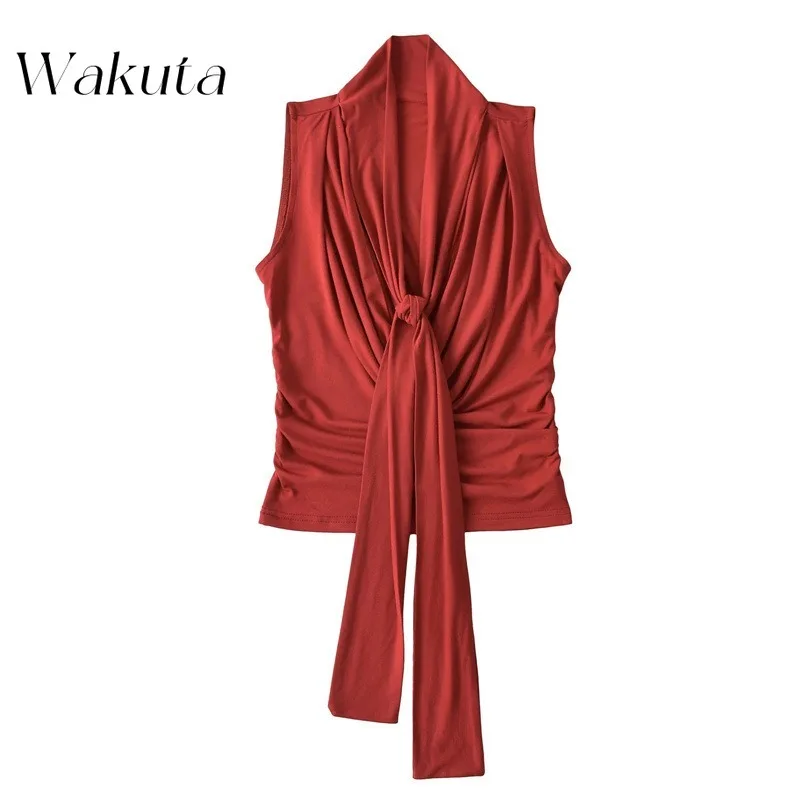 WAKUTA Japanese Classic Swing Neck Tie Tanks Sexy Sleeveless Tight Pleated Spice Girl Pullovers Fashion Peplum Camis 민소매 티 여성