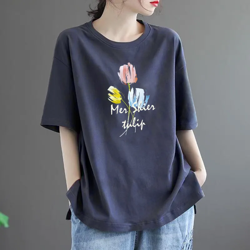 

Casual Literary Short-sleeved T-shirt in Summer New Loose and Versatile Fashion Slimming Top