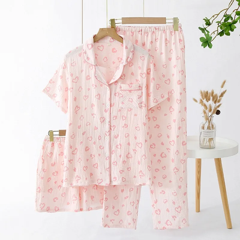 Ensemble pyjama pour femmes, Cardigan/pantalon en crêpe 100% coton, 3 pièces, vêtements de maison amples, nouvelle collection printemps/été/automne