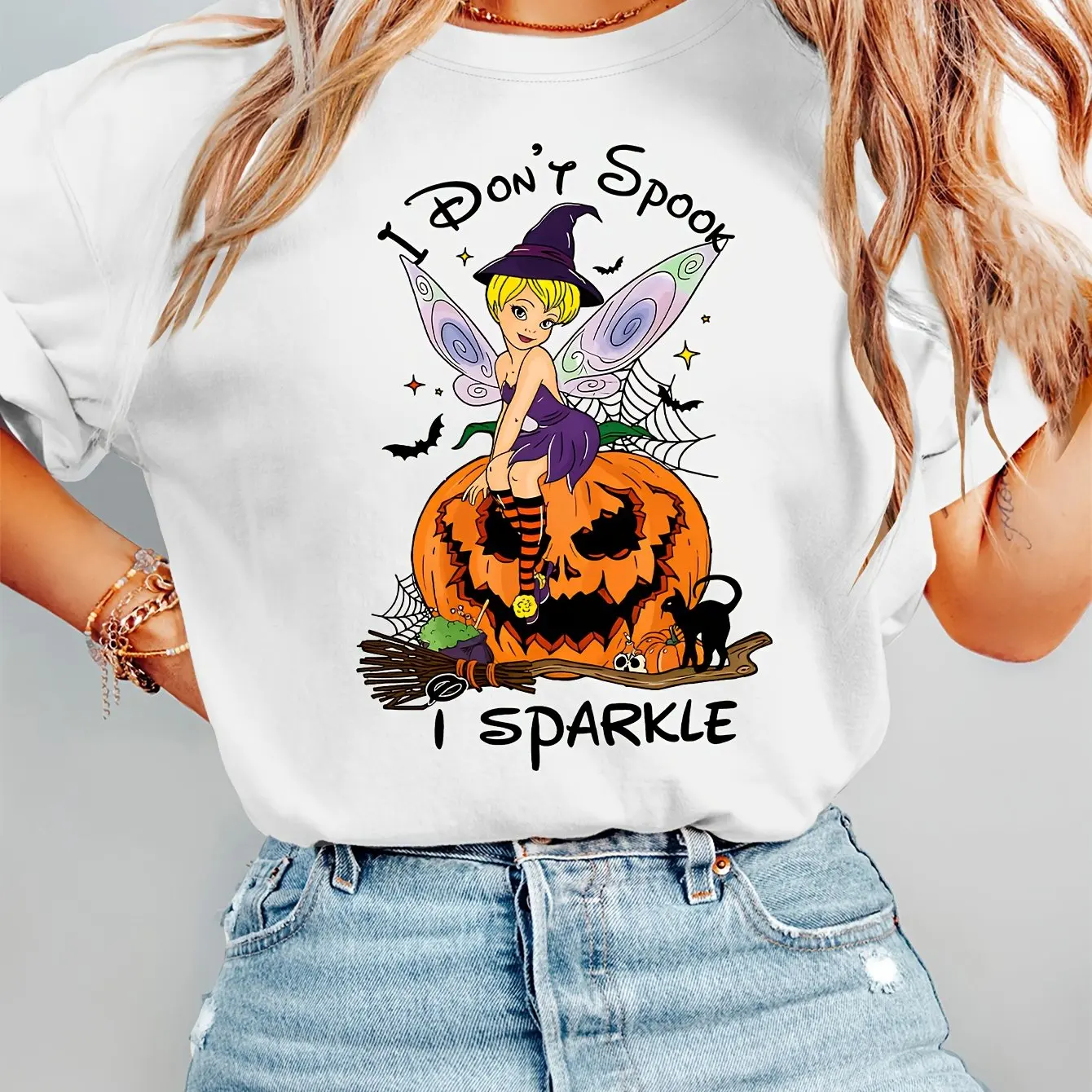 

Шляпа ведьмы Disney Tinker Bell Футболка с круглым вырезом и принтом тыквы Модная повседневная ткань Джокер на каждый день Удобная и мягкая.