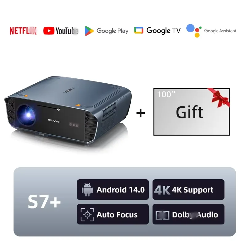 CAIWEI S7+ 4K Ultra HD Projector Video 4000 ANSI Home Theater Android voor films Autofocus Smart TV Beamer voor buiten - afbeelding 1