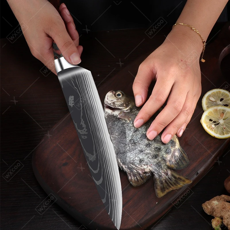 Kitchen Chef Knife Stainless Filleting Knives Santoku Meat Cleaver Knife with Laser Damascus Pattern Household Cooking Tools