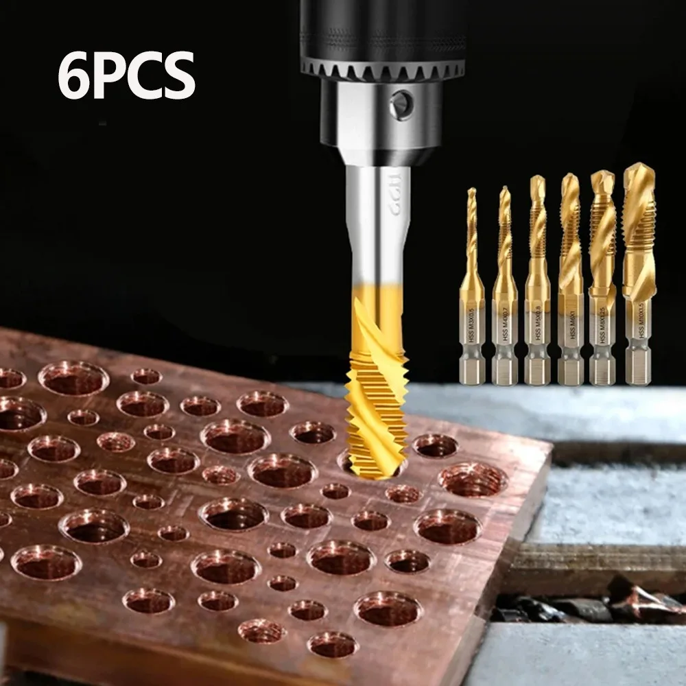

Набор из 6 сверл-резьбонарезных инструментов с шестигранным хвостовиком, титановое покрытие, быстрорежущая сталь HSS, для резьбонарезания, ручные инструменты