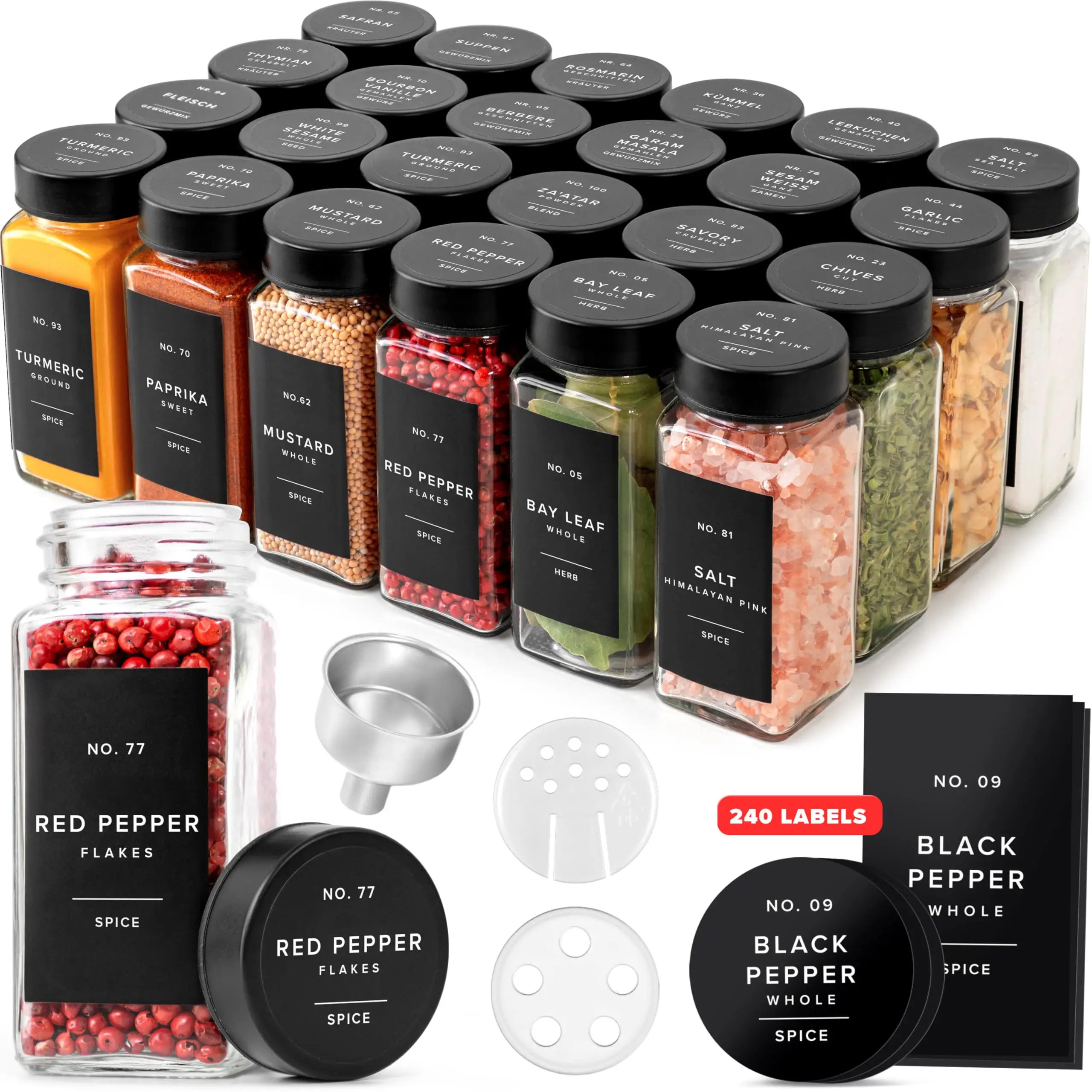 برطمانات توابل زجاجية سعة 24 أونصة، أغطية من الفولاذ المقاوم للصدأ مع ملصقات وقمع