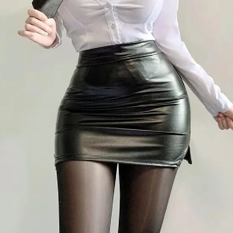 Sexy High Waist Leather Skirts Female Hot Girl Black Split Wrap Hip Short Mini Skirt for Women Clothes Long Plus Size Dress