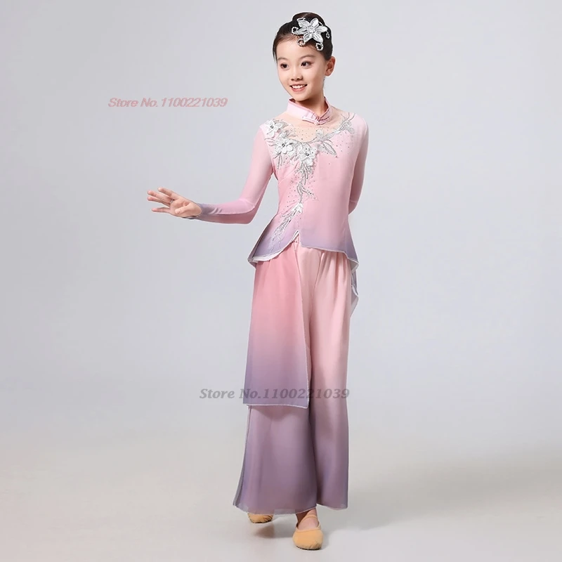 2025年伝統的な中国の子供たちのダンス衣装、花の刺繍グラデーションカラーメッシュ漢服トップス+パンツステージパフォーマンスドレス