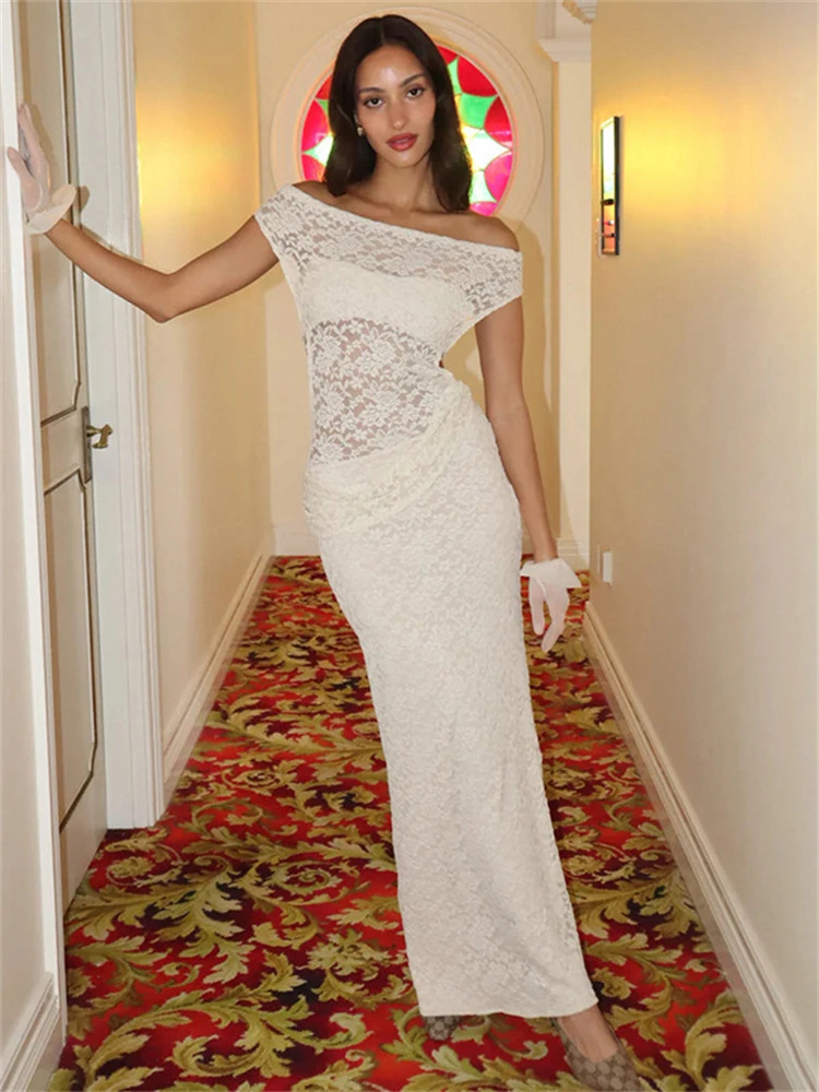 Przezroczysta Koronkowa Sukienka Bodycon Maxi z Wycięciami dla Kobiet Bez Pleców Sexy Odkryte Ramiona Elegancka Długa Sukienka Szykowny Strój Wieczorowy na Imprezę