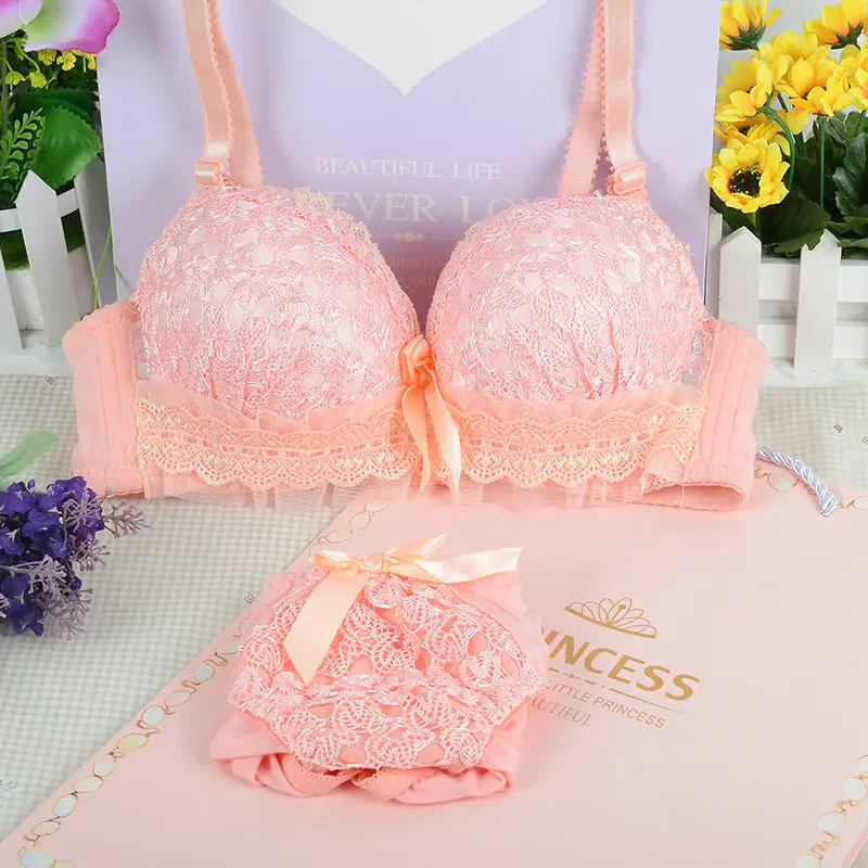 New Wireless Women Lace Bra Set Sexy Bow Push Up Underwear Suit No Wire Bra Briefs Brassiere Lingerie Ladies Sets Big Size 70-85