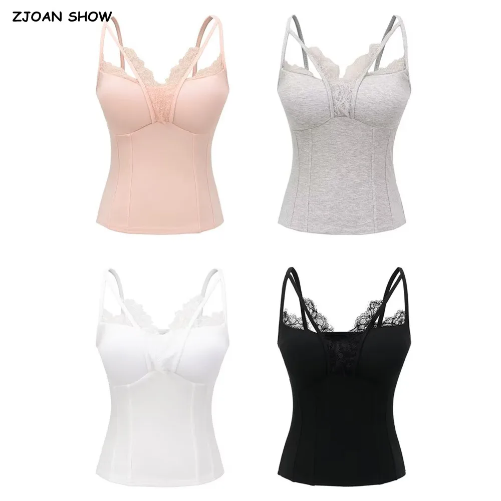 

4 colors 2025 Sexy Spliced Lace Hollow Out V neck Camisole Camis Women Summer Bra With Pad Tank Tops Girl Slim Crop Top Gray