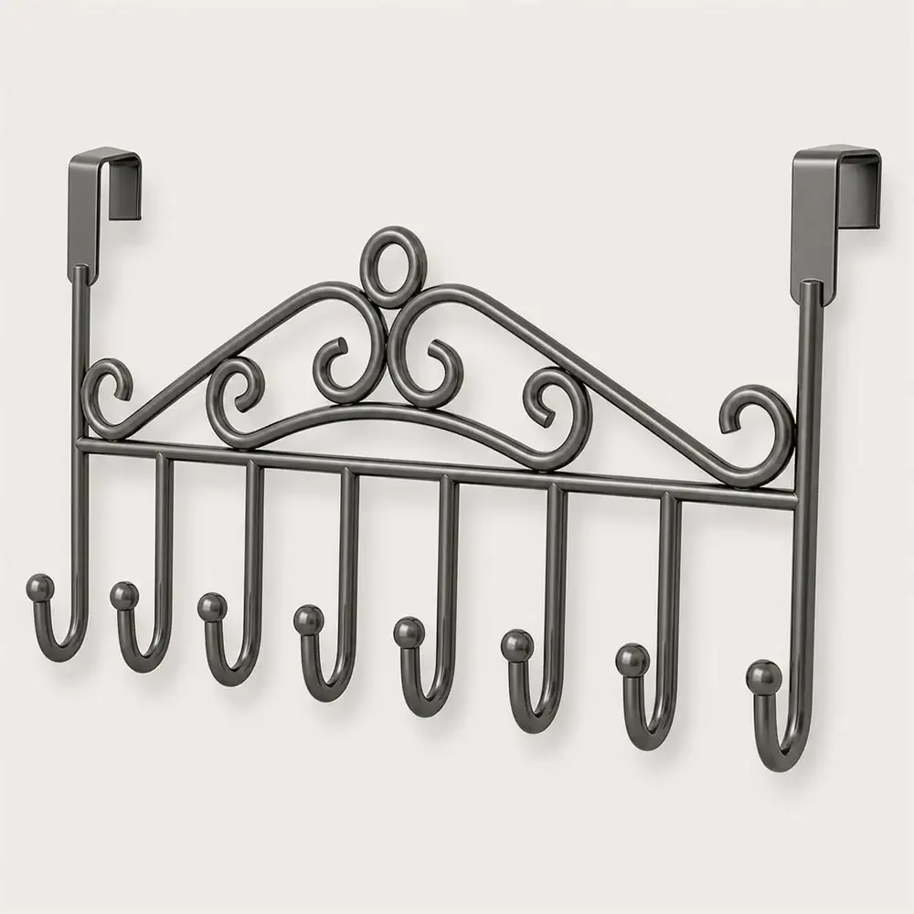 Gunmetal Door Mounted Eight Hook Rack Clothes Hats Bags Keys Towels Bedroom Bathroom Entryway Space Saving Organizer Hanger