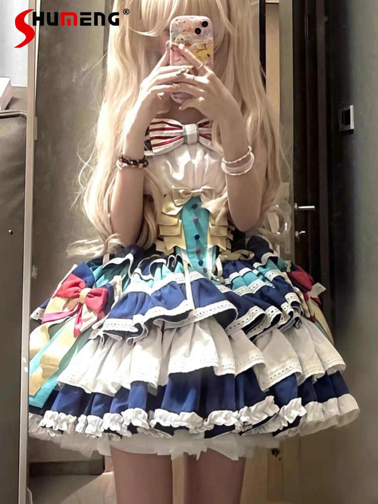 Temperamento elegante socialite princesa inchado vestido arco renda emenda cintura alta em camadas doce kawaii lolita mini bolo vestido mulher