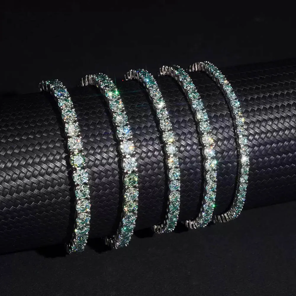 3-5mm Blue Green Moissanite Tennis Bracelet 925 Sterling Silver Hiphop Rock Men Girls Jewelry Pass Diamond Tester with Gra