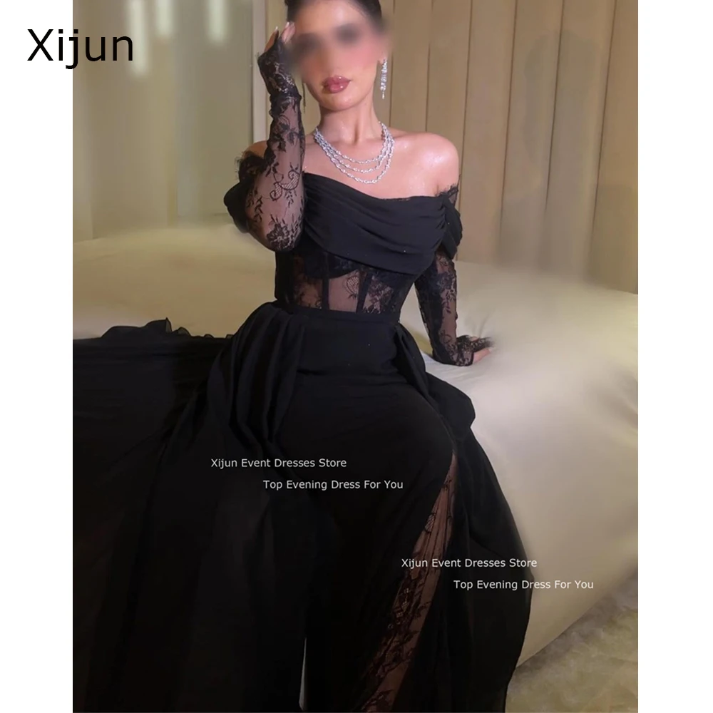 Xijun Black Sexy Long Evening Dresses Sleeves Off The Shoulder Lace Prom Dresses Saudi Arabric Long Sleeves Prom Gowns Women2024