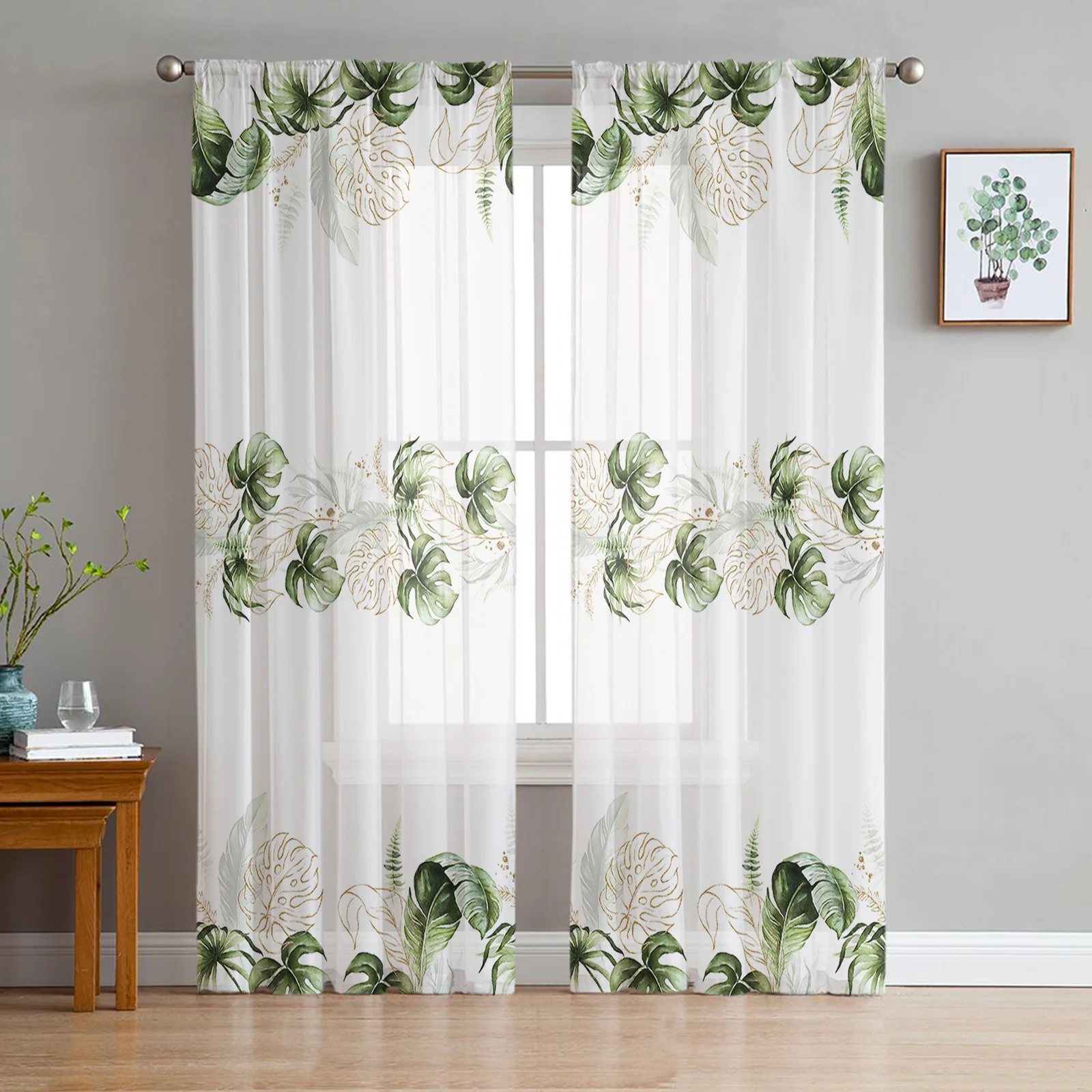 

Watercolor Palm Green Leaves Plant Sheer Curtains for Living Room Decoration Window Curtains Kitchen Tulle Voile Curtains