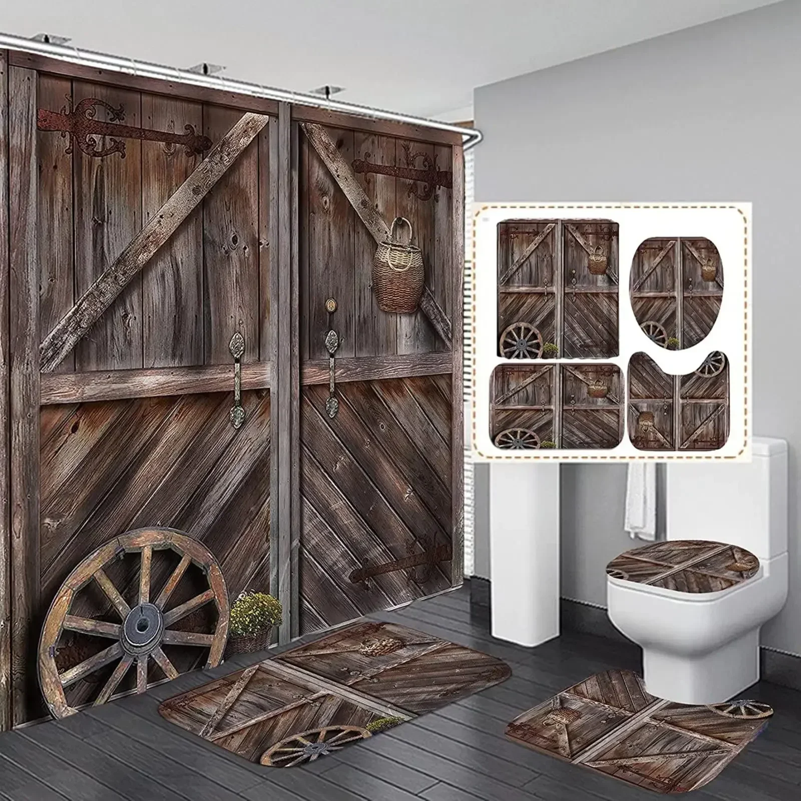 Rustic Barn Door Shower Curtain Set Non-Slip Rug Toilet Lid Cover Bath Mat Vintage Wooden Gate Waterproof Bathroom