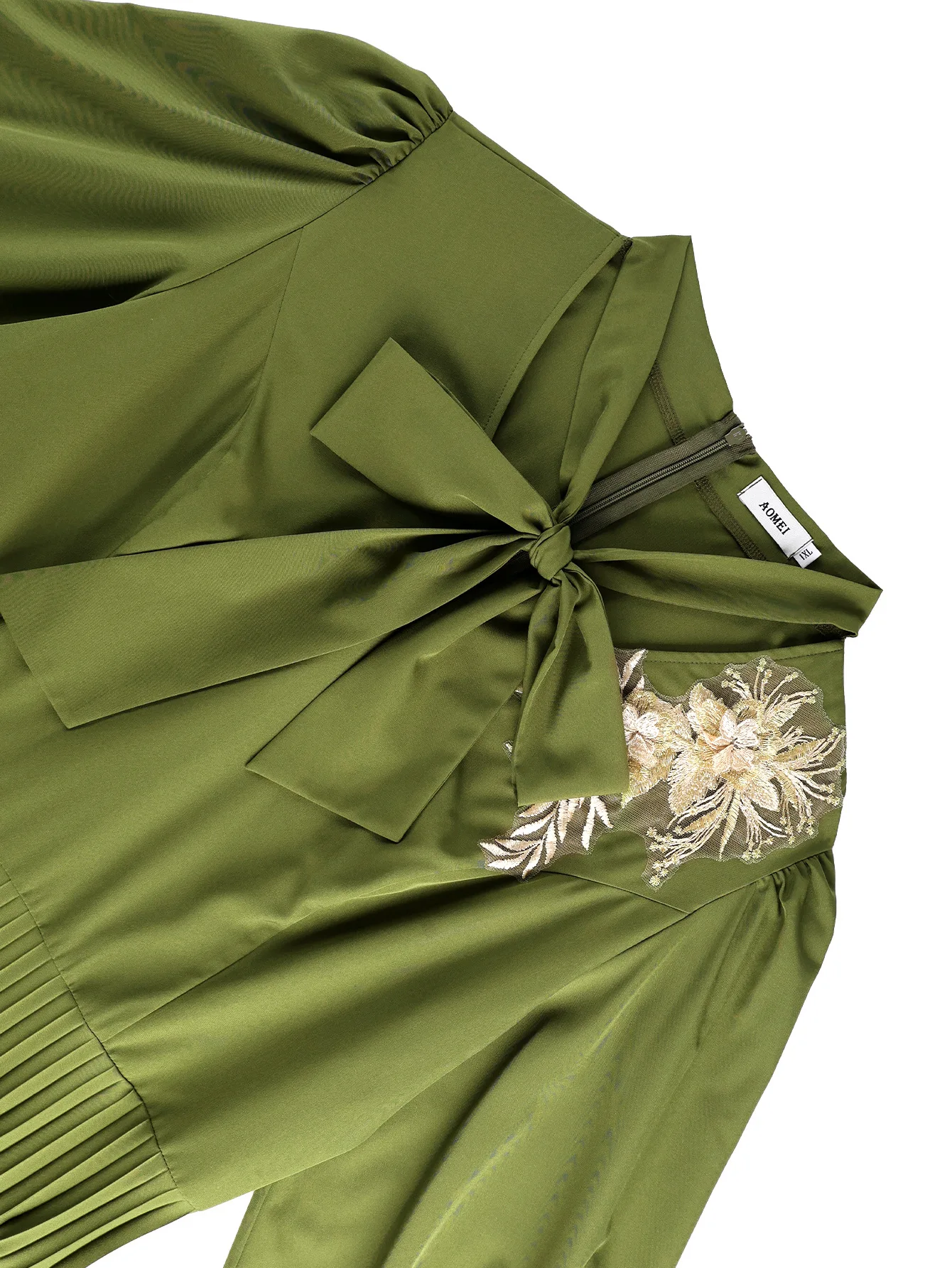 Übergröße Damenkleid mit Stickerei, Schleife, Laternenärmeln und Taillierung, Eleganter Plisseerock für den Berufsbewegungspfad – Detail 6