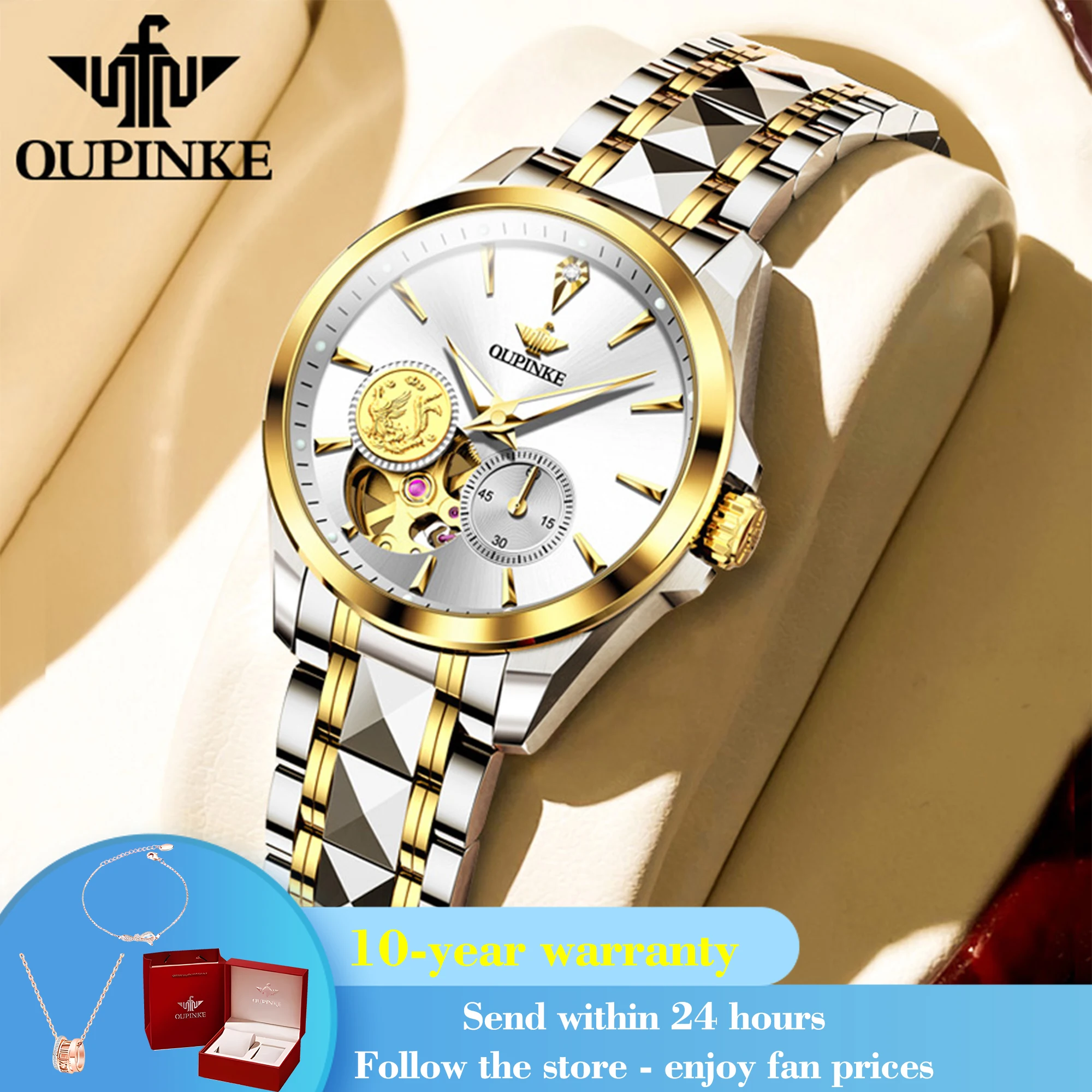 OUPINKE 3260 Real Diamond Mechanical Watch For Women Hollow Luxury Wristwatch Import Movement Waterproof Business Woman Watches