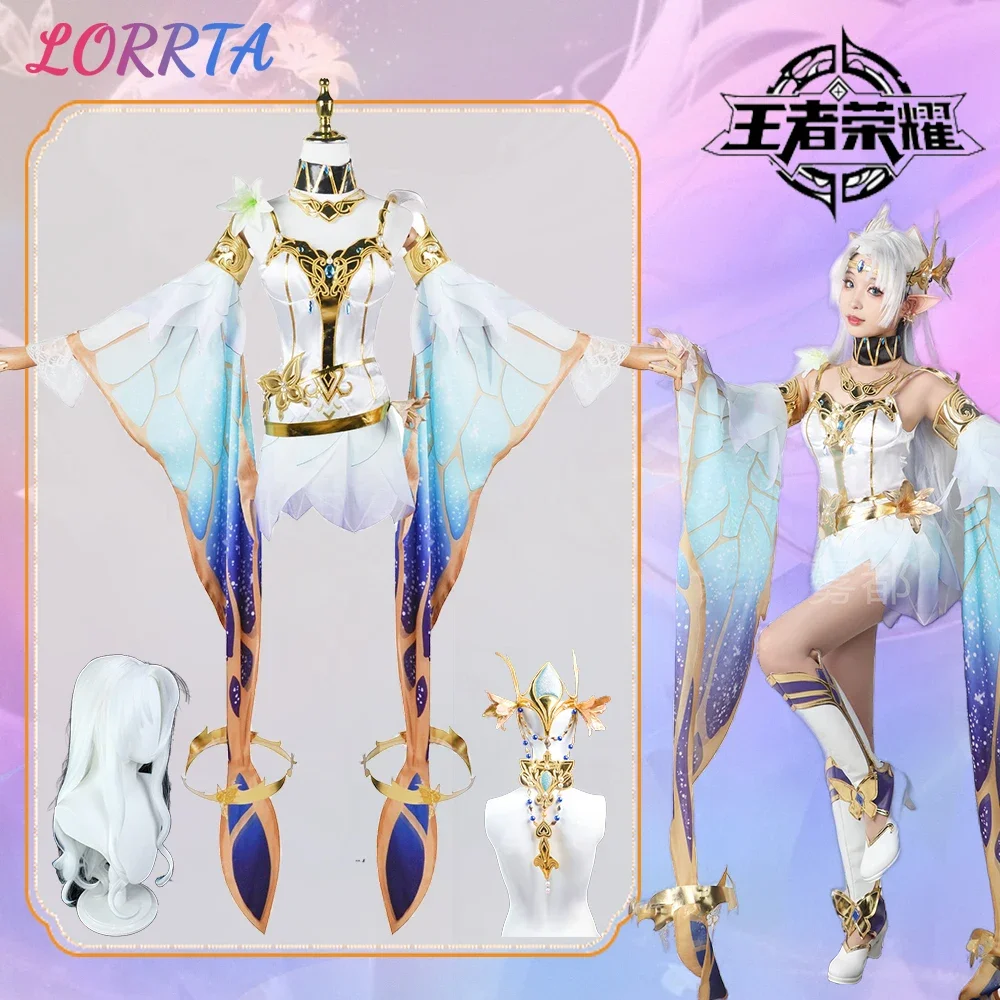 Kings of Glory Diao Chan Skin Cosplay Midsummer Uniform Night's Dream Women Butterfly Dress Girls Game Cosplay Long White Wig