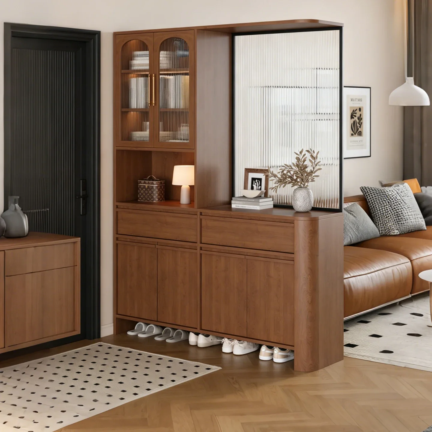 Solid wood porch cabinet entry shoe cabinet feeling living room partition screen cabinet integrated