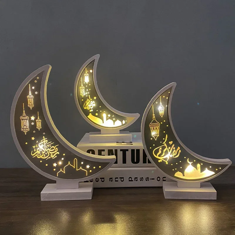 Ramadan Eid Mubarak Wooden Ornament Moon Lamp LED Night Light Islam Decoration Muslim Wooden Ornament  Home Festival Light