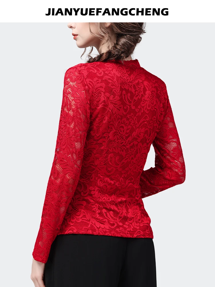 Sexy Skinny Ladies Red Lace Top 2023 Spring Summer Women Top Long Sleeve V-Neck Hook Flower Hollow Casual Bottoming Shirts