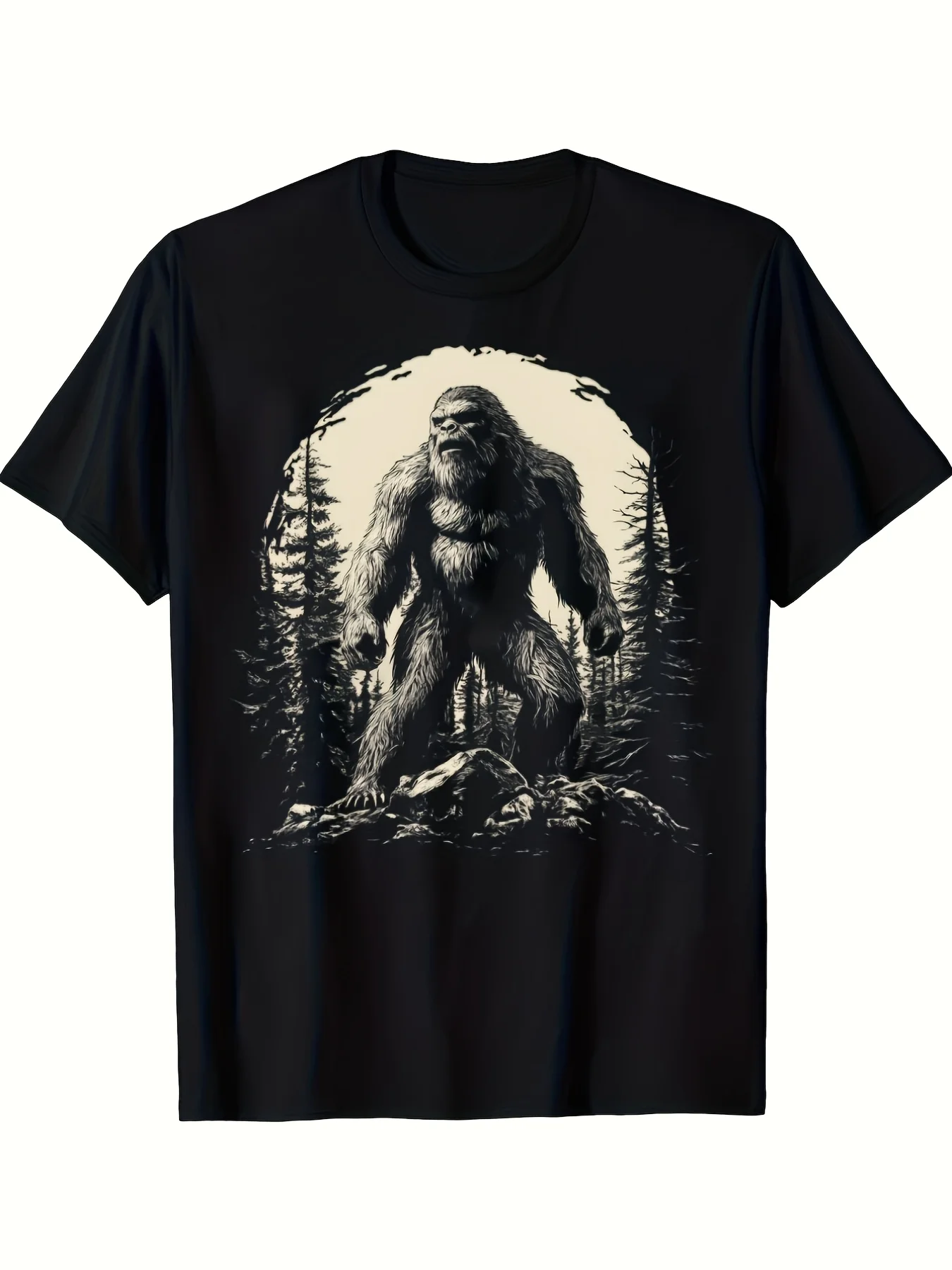 Men's Sasquatch Printed T-Shirt, Patterned Short-Sleeve Casual Loose-Fit Crew Neck Shirt, Suitable for Machine Washing on Knit Fabrics, Ideal for Outdoor Activities, Vintage Casual Crew Neck Printed T-Shirt