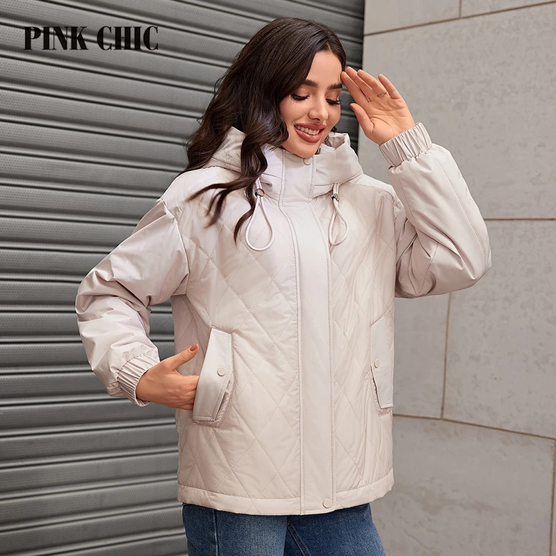 PINK CHIC Spring 2024 Women\'s Parka Jacket Loose Track Women\'s Jacket Fashion Jacket Quilted Thin Cotton S3056